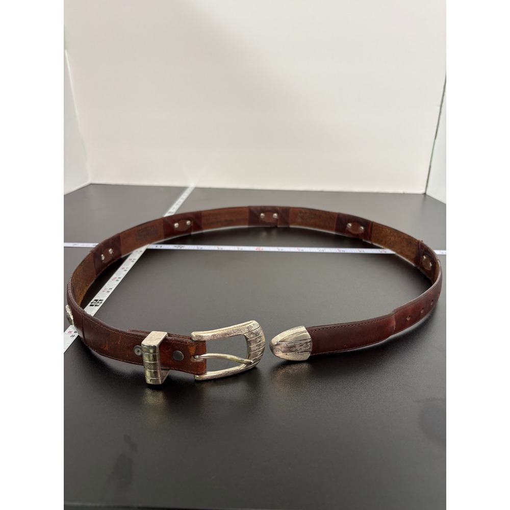 Dockers Mens Leather Western Belt 36 Brown Silver Engraved Hardware BA302066